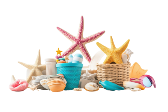 Vibrant Collection of Beach Items Including a Towel, Sunscreen, and Flip-Flops with isolated on transparent background