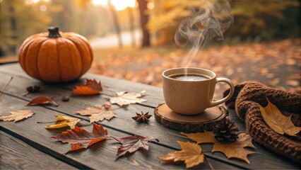 Autumnal Warmth A steaming cup of coffee, surrounded by fallen leaves and a pumpkin, on a rustic wooden table.