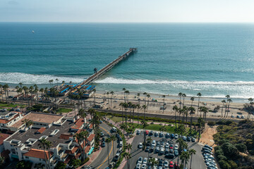 Stunning aerial views of the San Clemente California coastline showcasing the pier, beach, and...