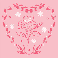 A lily surrounded by a heart and floral elements, symbolizing elegance and purity, ideal for Valentine’s Day.