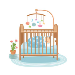 Obraz premium Baby crib with newborn baby sleeping inside. Wooden crib clipart with hanging mobile. Baby bedding flat vector in cartoon style isolated on white background.