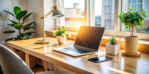 Fototapeta premium Modern, elegant workspace: clean lines, organized desk, stylish accessories for efficient and professional work-from-home setup.
