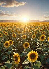 Fototapeta premium Sunny field of sunflowers swaying in the breeze, bloom, wheat