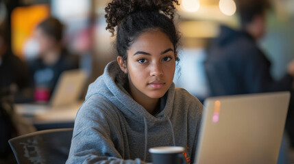 A beautiful female software engineer, wearing a casual hoodie, working on a laptop in a co-working space. She looks intently at the screen, with coffee and a notebook on the desk.