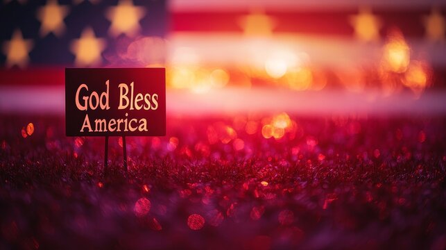 God Bless America Sign with Blurred American Flag and Bokeh, Patriotic Background with Copy Space