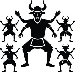Silhouette of Lakhey Dance: Traditional Newari Masked Dance with Horned Demon Figures in Nepali Culture and Folklore Illustration