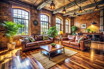 Fototapeta premium Open-plan living, vintage style: brick, wood, and rich leather furniture create a cozy haven.