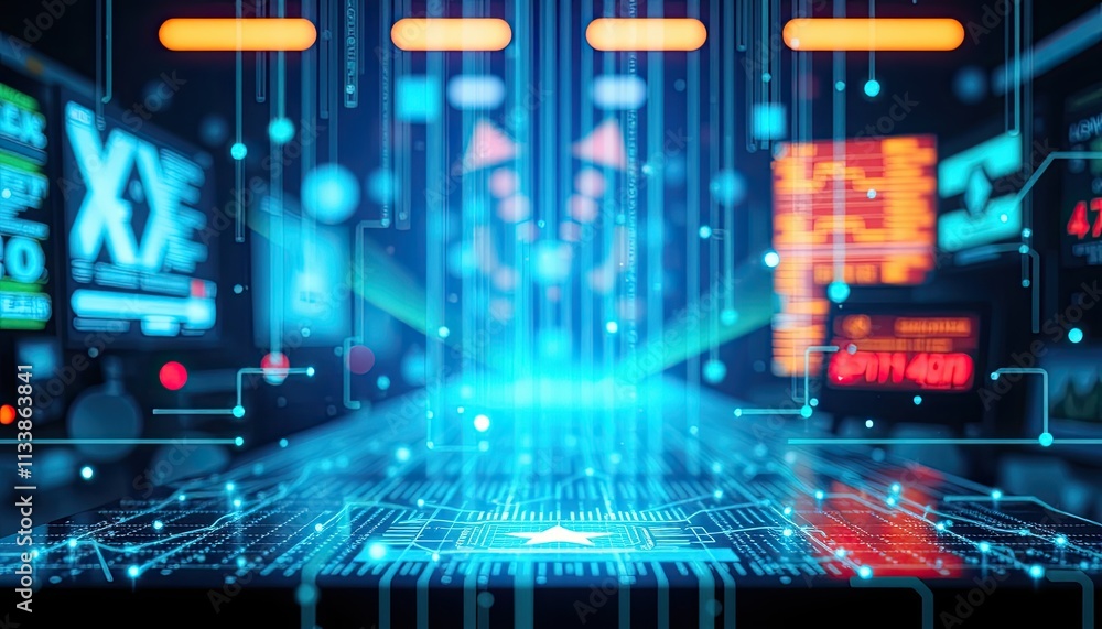 Poster abstract digital data streams converging on a central processing unit.
