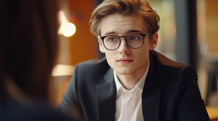 A young male accountant, with a sharp suit and glasses, discussing financial statements with a client in a conference room.