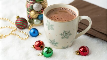 A warm mug of cocoa adorned with snowflakes sits amidst festive ornaments on a snowy surface