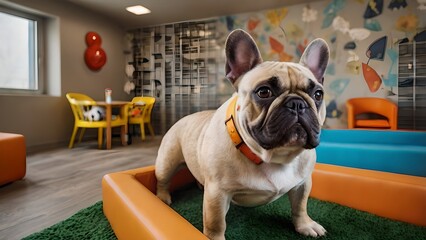 Happy French Bulldog Playing in a Colorful Doggy Daycare