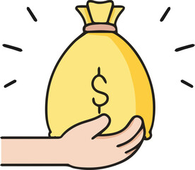 vector illustration of hand holding money bag, suitable for saving investment, earning money, finance economical, isolated on transparent background
