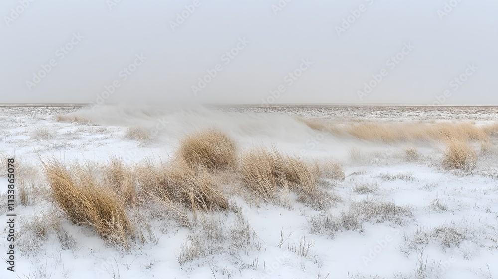 Poster snowy field with windblown grass under a hazy sky.
