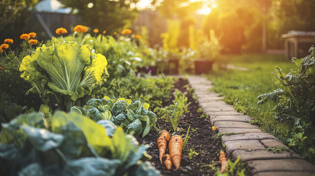 small backyard vegetable patch with cabbage, beets, and carrots, bordered by marigolds