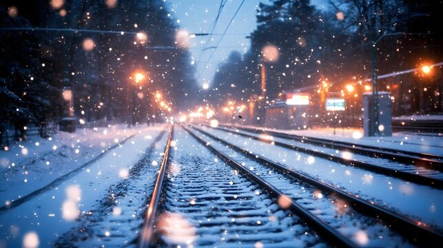 Snowy night scene on train tracks with lights and falling snow.