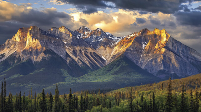 Rugged mountain cliffs illuminated by golden sunlight and dramatic clouds