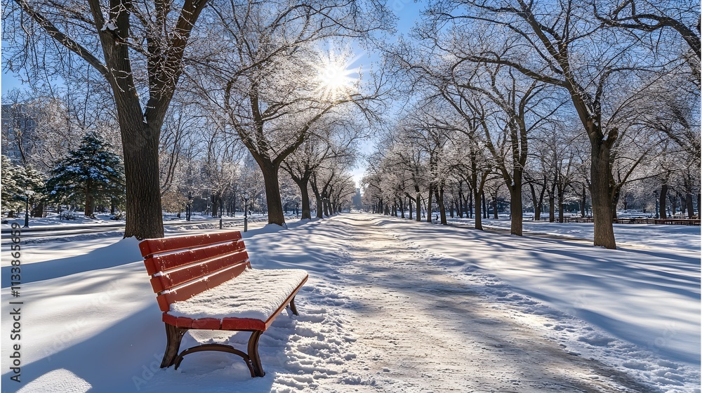 Poster snowy park path with red bench, sunlight shining through bare trees.