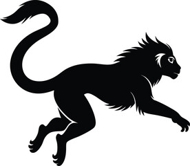 Fototapeta premium Black Silhouette of Mythical Leaping Manticore Creature Vector Illustration: Heraldic Beast with Lion Body, Spiked Tail, and Human Face
