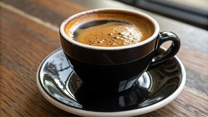 Aromatic dark brew in a sleek cup, resting on a polished saucer, inviting a moment of quiet contemplation.