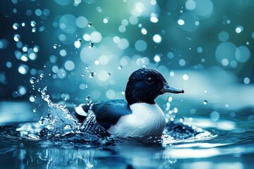 Stunning teal-toned image of a duck swimming, creating a splash of water droplets.  Perfect for nature, wildlife, or serenity themes.