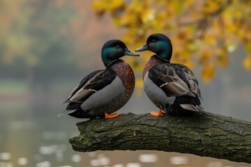 Obraz premium Two male mallard ducks perched on a tree branch, autumnal background. Romantic wildlife scene.