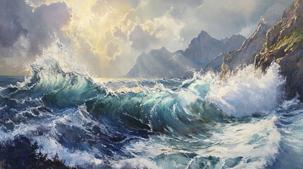 Obraz premium Dynamic ocean waves crashing against jagged cliffs, mist rising dramatically