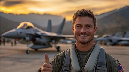 Smiling pilot gives thumbs up in front of fighter jet at sunset.