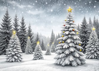 Obraz premium Silhouetted snowy pine trees, a winter scene, ideal for Christmas card design.