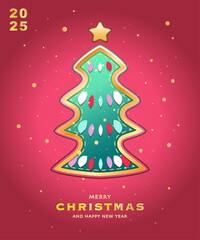 Christmas greeting card template set with paper cut-out Christmas tree on red gradient background. Modern Trendy Christmas Card. Perfect for banner, poster, cover design and festive decoration.