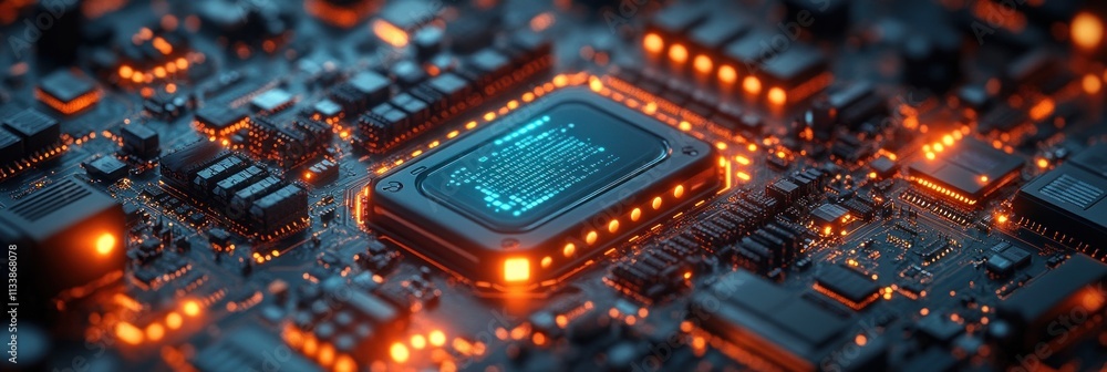 Aufkleber close-up of illuminated microprocessor on circuit board.