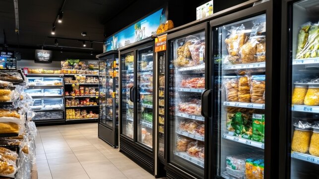 Experience the vibrant and organized layout of a modern retail store’s freezer area.
