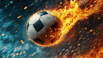 Fototapeta premium Captivating sports action featuring a fiery soccer ball in motion.