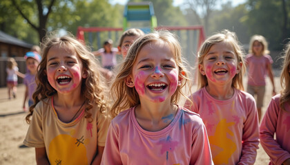 Fototapeta premium Group of young girls joyfully laughing with colorful powder on their faces during a playful outdoor celebration, Holi
