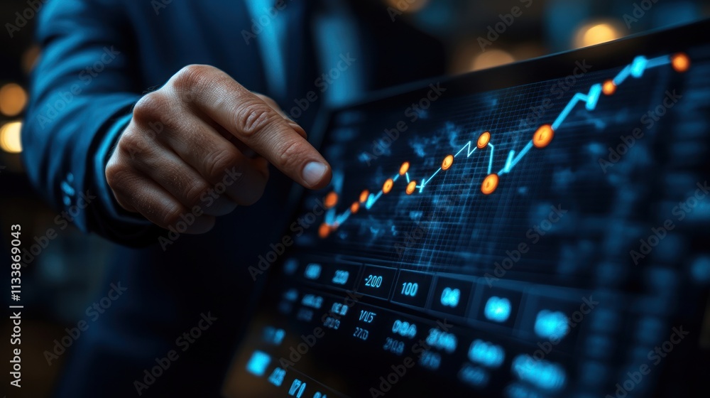 Poster close-up of a hand pointing at a financial graph on a tablet screen.