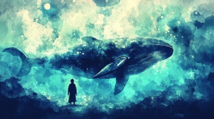 Fototapeta premium Artistic representation of the whale swimming near a figure in the water.