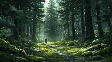 Obraz premium Person walking forest path, mossy, sunlit.