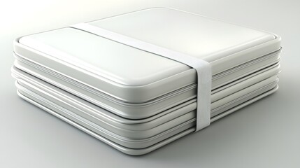 Stack of blank white square metal tins secured with a band.