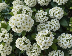 Top view of a group of white viburnum flowers on a bush, top-down, cluster, white blooms, bunch, close-up