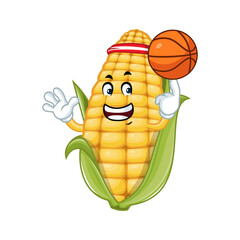 Corn Cob Playing Basketball Cartoon Mascot.