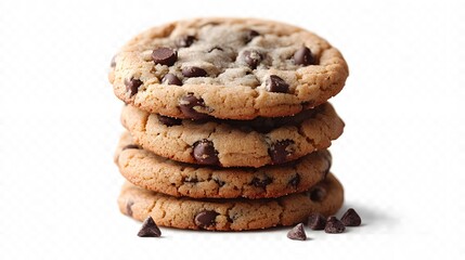 Stack of four delicious chocolate chip cookies isolated on white background.