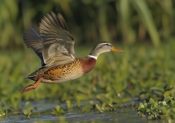 A female mallard duck in flight over a tranquil marsh, wings outstretched, showcasing intricate feather detail and vibrant colors.