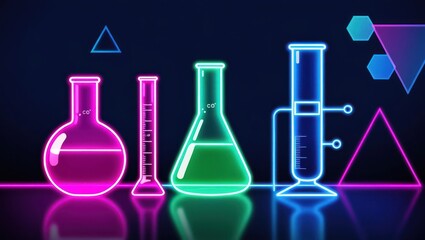 Neon glowing science lab glassware equipment