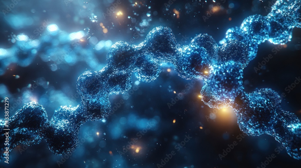 Poster abstract 3d rendering of a dna strand with glowing particles.