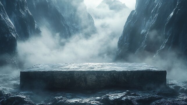 A mysterious monolithic altar shrouded in mist, ideal for fantasy book covers, horror themes, or events related to ancient cultures and mysteries.