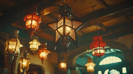 Star-shaped and other ornate hanging lanterns illuminate a room with warm light.
