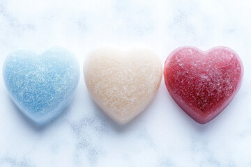 Fototapeta premium Heart shaped soaps in blue, white, and red colors on light background