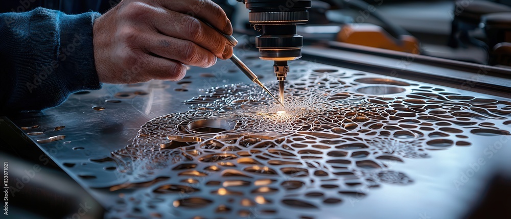 Poster Precision cutting tools operating on a sheet of steel, with intricate patterns forming as the work progresses.