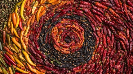 Dried Chili Peppers Arranged In A Spiral Pattern