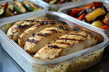 Grilled chicken, quinoa, and roasted vegetables in containers.
