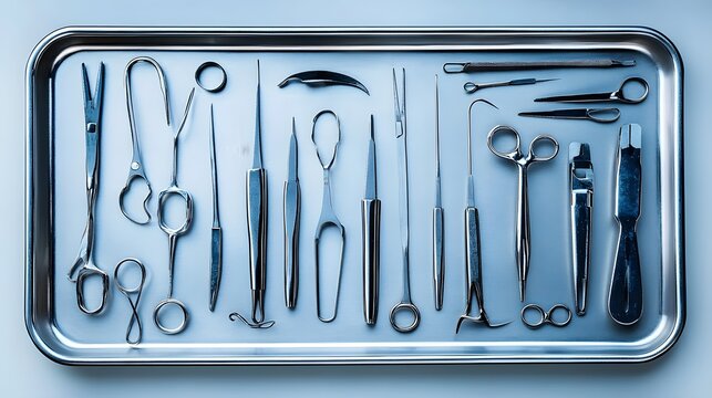 Sterile surgical instruments arranged on a metal tray. (1)